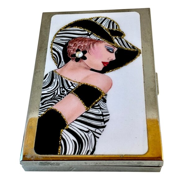 Pocket Calculator and Business Card Holder Shiny Metal Case Woman Glitter NEW - Picture 6 of 13